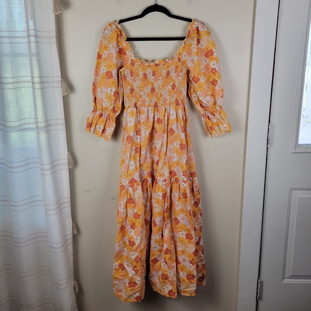Charlie Holiday Amber Seventies Floral Print Smocked Puff Sleeve Midi Dress - Picture 4 of 11